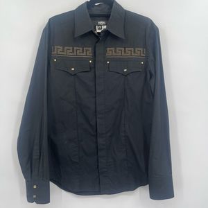 Versace Black Gold Long Sleeve Embellished Beads Button Down Shirt Large